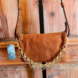 NWT INC Camel Lizard Crossbody bag with Gold tone chain in front